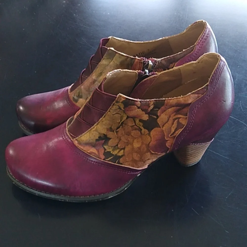ELITE BY CORKY LEATHER ANKLE BOOTS SIZE 7 side zip plum floral color LIKE NEW - Picture 15 of 15